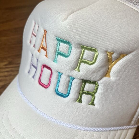 Foam SnapBack Mesh Braid Trucker Hat Cap White “HAPPY HOUR” Colorful NWT Adjust - Picture 2 of 9